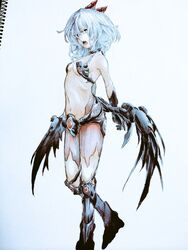  alternate_costume alternate_wings bare_shoulders blue_hair boots colored_eyelashes commentary_request fangs female knee_boots mechanical_wings open_mouth osome_tei red_eyes remilia_scarlet short_hair solo touhou traditional_media vampire white_hair wings 