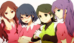  4girls :p bad_id bad_pixiv_id blue_eyes blue_hair brown_eyes brown_hair glasses gloves goalkeeper green_eyes green_hair inazuma_eleven_(game) inazuma_eleven_(series) inazuma_eleven_strikers joshi_team kino_aki kudou_fuyuka multiple_girls otonashi_haruna purple_hair raimon_natsumi soccer_uniform sportswear tomo_(sjim) tongue tongue_out turtleneck 