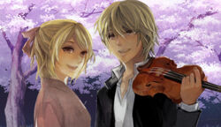  1boy blonde_hair bow brother_and_sister female hairbow instrument kagamine_len kagamine_rin photoshop_(medium) short_hair siblings smile twins violin vocaloid yucco 