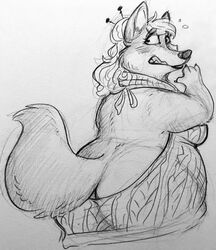  accessory anthro ass aurelina_canidae bare_back belly big_belly big_butt butt_cleavage canid canine canis clothing disney female fur graphite_(artwork) hair hair_accessory hairpin half-length_portrait hi_res huge_butt looking_back lucius_(artist) mammal meme meme_clothing monochrome obese obese_anthro obese_female overweight overweight_anthro overweight_female panicking pencil_(artwork) portrait rear_view sharp_teeth simple_background solo sweater tail teeth topwear traditional_media_(artwork) virgin_killer_sweater white_background wolf zootopia 