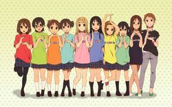  6+girls akiyama_mio bare_legs black_pantyhose black_socks casual come_with_me!! denim english_text glasses hand_gesture highres hirasawa_ui hirasawa_yui horiguchi_yukiko jeans k-on! kawaguchi_norimi kotobuki_tsumugi legs lineup loafers manabe_nodoka multiple_girls nakano_azusa official_art official_wallpaper pants pantyhose red-framed_eyewear see-through see-through_legwear semi-rimless_eyewear shirt shoes skirt socks suzuki_jun t-shirt tainaka_ritsu under-rim_eyewear yamanaka_sawako 