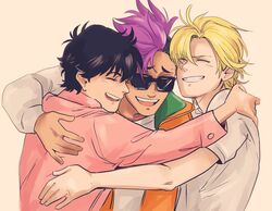  3boys :d ash_lynx banana_fish black-framed_eyewear black_hair blonde_hair closed_eyes commentary eyebrow_piercing florbetriz green_eyes happy hug jacket male_focus mohawk multiple_boys okumura_eiji open_mouth orange_jacket piercing pink_background pink_shirt purple_hair shirt shorter_wong smile sunglasses upper_body white_shirt yaoi 