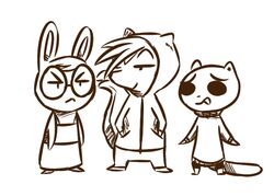  2017 anthro black_and_white chibi clothed clothing cute_fangs disney european_polecat eyewear fan_character female glasses group hand_in_pocket hands_in_both_pockets hoodie hugh_muskroura inkyfrog lagomorph leporid male mammal maxine_d&#039;lapin mephitid monochrome mustelid musteline percy_vison pockets rabbit simple_background skunk topwear true_musteline weasel white_background zootopia 