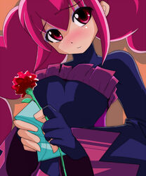  bad_end_happy bad_end_precure black_bodysuit blush bodysuit commentary_request eyeshadow female fingerless_gloves flower frills gloves letter long_sleeves makeup mi_ha precure red_eyes red_hair rose smile_precure solo twintails wide_sleeves 