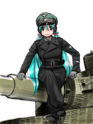  aqua_hair belt commentary_request cosplay cross crossed_legs derivative_work female gloves green_eyes hat hatsune_miku iron_cross long_hair michael_wittmann michael_wittmann_(cosplay) military military_uniform military_vehicle motor_vehicle nazi on_vehicle open_mouth peaked_cap photo-referenced photoshop_(medium) pun sigrunen simple_background sitting solo ss_insignia tank tiger_i uniform vocaloid waffen-ss world_war_ii yamaishi_yutaka zimmerit 