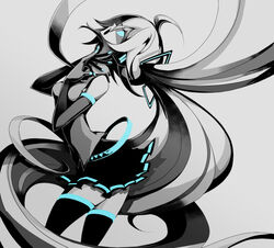  aqua_eyes bad_id bad_pixiv_id elbow_gloves female gloves glowing glowing_eyes hatsune_miku headphones long_hair manbou_no_ane monochrome music necktie open_mouth singing skirt solo spot_color thighhighs twintails very_long_hair vocaloid zettai_ryouiki 