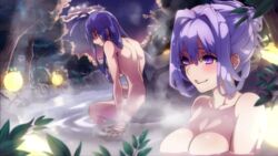  2girls antenna_hair bathing blazblue blazblue:_chronophantasma blazblue_remix_heart blue_hair blush breasts collarbone completely_nude floating_breasts from_behind game_cg hair_down hair_up highres kajun_faycott large_breasts long_hair looking_at_another looking_away mai_natsume multiple_girls night nude onsen outdoors partially_submerged purple_eyes purple_hair rock sad same-sex_bathing shared_bathing sitting sky smile steam sumeshi_(ambivalince) tree very_long_hair water wet 