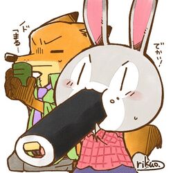  1:1 2017 anthro beverage canid canine clothing disney drinking duo eating ehomaki female food fox fur japanese_text judy_hopps lagomorph leporid makizushi male mammal nick_wilde rabbit red_fox rikuo_(artist) simple_background sushi sushi_roll tea text true_fox vertical_bar_eyes white_background zootopia 