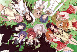  6+girls absurdres aoi_nagisa arm_up black_hair blonde_hair blue_eyes blue_hair blush bow bowtie brooch brown_eyes brown_hair byakudan_kagome circle_formation curly_hair detexted dress earrings eye_contact glasses grass green_eyes grey_hair hair_bobbles hair_ornament hairband hairbow hairclip hanazono_shizuma highres hyuuga_kizuna imageboard_desourced jewelry konohana_hikari legs long_hair looking_at_another lying minamoto_chikaru multiple_girls nanto_yaya natsume_remon necktie non-web_source official_art okuwaka_tsubomi on_back on_side ootori_amane open_mouth photoshop_(medium) plaid plaid_bow plaid_bowtie plaid_skirt ponytail purple_eyes red_eyes red_hair sakai_kyuuta school_uniform serafuku short_hair skirt smile strawberry_panic! stuffed_animal stuffed_toy suzumi_tamao teddy_bear third-party_edit tsukidate_chiyo twintails v v_arms very_long_hair yellow_eyes yuri 