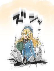  :d atago_(kancolle) bad_id bad_pixiv_id beret blonde_hair blue_eyes crack cracked_floor crushed crushing engiyoshi falling fat_joke female hat heavy kantai_collection long_hair open_mouth pantyhose photoshop_(medium) smile solo translated weighing_scale 