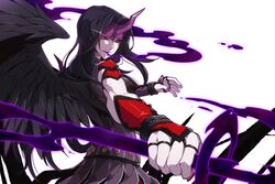  ars_goetia astaroth_(mygrimoire) black_hair black_sclera colored_sclera colored_skin commentary_request female horns kyousaku long_hair mygrimoire red_eyes single_horn skirt solo white_background white_skin wings 