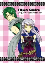  1boy bangle bare_shoulders belt black_gloves black_pantyhose blue_scarf bracelet checkered_background commentary_request dress elbow_gloves female fingerless_gloves fire_emblem fire_emblem:_radiant_dawn gloves green_eyes green_hair grey_hair hair_ribbon half_updo jewelry long_hair looking_back micaiah_(fire_emblem) osakabe_yanagi pantyhose ribbon scarf side_slit sleeveless sleeveless_dress smile sothe_(fire_emblem) watermark web_address yellow_eyes 