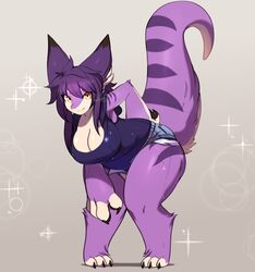  3_toes 4_fingers anthro bent_over big_breasts bottomwear breasts clothed clothing curvy_figure distracting_watermark dragon feet female fingers fireflufferz fur furred_dragon furred_scalie hair hi_res looking_at_viewer mythological_creature mythological_scalie mythology non-mammal_breasts purple_body purple_fur purple_hair scalie shorts solo standing thick_thighs toes tsukiyo voluptuous watermark wet wide_hips yellow_eyes 