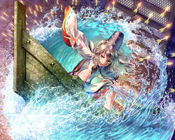  arrow_(projectile) bad_id bad_pixiv_id boat female grey_eyes grey_hair hat hat_ribbon long_sleeves looking_at_viewer mononobe_no_futo om_(carbohydratism) open_mouth outstretched_arms photoshop_(medium) ponytail puffy_sleeves ribbon shirt skirt smile solo surfing touhou water watercraft wide_sleeves 