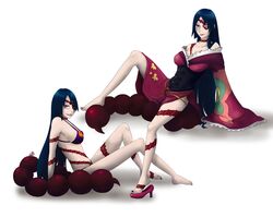  2girls adiane barefoot bikini blue_hair breasts cleavage dress eyepatch fern_(h-f) high_heels japanese_clothes kimono large_breasts lipstick long_hair makeup multiple_girls red_eyes scorpion_tail shoes sitting smile swimsuit tail tattoo tengen_toppa_gurren_lagann time_paradox 