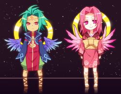  1boy :&gt; belial_(mygrimoire) commentary_request facial_mark female forehead_mark full_body green_hair japanese_clothes kimono kyousaku lucifer_(mygrimoire) mygrimoire obi pink_eyes pink_hair pointy_ears red_eyes sash short_hair shorts smile wings 