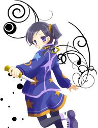  1boy bad_id bad_pixiv_id black_hair black_pantyhose coat dagger hair_ornament hairpin highres jay_(tales) knife looking_back male_focus pantyhose ponytail purple_eyes rein_rise shoes shorts solo tales_of_(series) tales_of_legendia weapon 