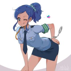  ;q aikatsu! aikatsu!_(series) bad_id bad_pixiv_id blue_eyes blue_hair commentary_request cuffs female hand_on_own_knee handcuffs kiriya_aoi looking_at_viewer naokado necktie one_eye_closed pencil_skirt police police_uniform short_hair side_ponytail simple_background skirt solo star_(symbol) tongue tongue_out uniform white_background 