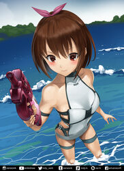  arm_strap bare_shoulders blush bow brown_eyes brown_hair bullpup collarbone commentary day english_commentary female foreshortening from_above gun hairbow highres indy_k llenn_(sao) ocean one-piece_swimsuit outdoors p-chan_(p90) p90 solo standing submachine_gun swimsuit sword_art_online sword_art_online_alternative:_gun_gale_online water weapon 