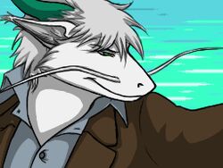  4:3 angel_dragon animated anthro clothing dialogue douglas_kim dragon hair horn icon low_res male mythological_creature mythological_scalie mythology scalie sckhar solo whiskers white_hair 