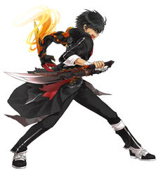  1boy absurdres alternate_costume bandages black_hair black_pants coat commentary_request elsword fire full_body glasses highres ivy60530 jacket male_focus mechanical_arms open_mouth pants photoshop_(medium) raven_cronwell reckless_fist_(elsword) reverse_grip scar shoes single_mechanical_arm solo sword weapon white_background 