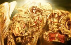  3boys angel angel_wings aquila_(symbol) armor bird black_hair blonde_hair blood_angels eagle elizaveta_bikuin emperor_of_mankind eyes_of_horus_(warhammer_40k) gold halo imperial_aquila imperial_fists king laurel_crown long_hair male_focus multiple_boys power_armor primarch protected_link rogal_dorn sanguinius sword warhammer_40k weapon wings 