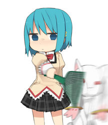  blue_eyes blue_hair blurry chibi commentary_request female flyswatter hair_ornament hairclip kyuubee mahou_shoujo_madoka_magica mahou_shoujo_madoka_magica_(anime) miki_sayaka mitakihara_school_uniform motion_blur plaid school_uniform short_hair simple_background skirt swatting tsuduya_(knt31) 