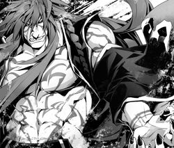  1boy clenched_teeth commentary_request detached_sleeves greyscale kyousaku long_hair male_focus mature_male monochrome muscular mygrimoire satan_(mygrimoire) sharp_teeth solo tattoo teeth topless_male 