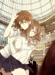  2girls bad_id bad_pixiv_id breasts brown_eyes brown_hair comrade_stalin glasses grabbing grabbing_another&#039;s_breast long_hair medium_breasts multiple_girls one_eye_closed original photoshop_(medium) red-framed_eyewear school_uniform skirt v yuri 