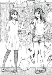  2girls arm_behind_back bad_id bad_pixiv_id can cross-laced_footwear dress greyscale hairband ichiba_youichi kitsu_chiri kitsu_tane loafers long_hair monochrome multiple_girls nib_pen_(medium) one_eye_closed pantyhose parted_bangs pointing sayonara_zetsubou_sensei shoes shorts siblings sisters standing traditional_media trash trash_bag umbrella wall 