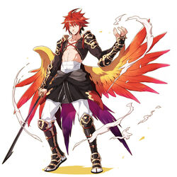  1boy boots commentary_request frown full_body knee_boots kyousaku male_focus midriff_sarashi multicolored_wings mygrimoire pants red_hair sarashi smoke solo spiked_hair sword topless_male waka-sama_(mygrimoire) weapon white_background wings 