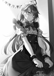  1boy ahoge blush bow bowtie collarbone crossdressing greyscale highres leonis_death_magnus maid maid_headdress male_focus male_maid monochrome official_art otoko_no_ko seiken_gakuin_no_maken_tsukai short_sleeves solo standing toosaka_asagi wrist_cuffs 