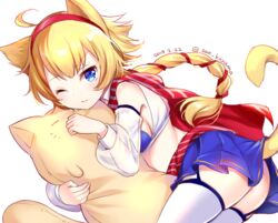  animal_ears blonde_hair blue_skirt breasts cat_(saga) cat_ears cat_tail closed_mouth dated female koyama_sao looking_at_viewer one_eye_closed romancing_saga_2 saga short_hair simple_background skirt solo tail thighhighs white_background white_thighhighs 