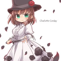  braid brown_hair character_name charlotte_corday_(fate) charlotte_corday_(third_ascension)_(fate) commentary_request dress fate/grand_order fate_(series) female flower green_eyes hat hat_flower knife long_dress petals shio_kuzumochi smile solo 