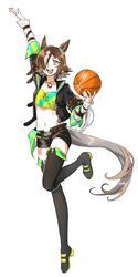  absurdres animal_ears arm_up ball basketball_(object) belt black_footwear black_jacket black_shorts blush boots brown_hair commentary_request crop_top female full_body hair_over_one_eye highres holding holding_ball horse_ears horse_girl horse_tail jacket jewelry midriff navel open_clothes open_jacket open_mouth pendant sarachi_(sara_dayluv) shirt short_shorts shorts smile solo standing standing_on_one_leg stopwatch tail thigh_boots tiptoes umamusume umamusume:_party_dash vodka_(umamusume) white_background yellow_eyes yellow_shirt 