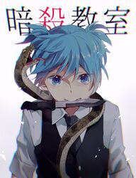  1boy ansatsu_kyoushitsu black_necktie black_vest blue_eyes blue_hair blurry blurry_foreground buttons chromatic_aberration collared_shirt colored_text_highlight combat_knife commentary_request copyright_name gradient_background grey_background highres knife knife_in_mouth kunugigaoka_middle_school_uniform light_blue_hair looking_at_viewer makoji_(yomogi) male_focus mouth_hold necktie scales school_uniform shiota_nagisa shirt short_hair short_twintails sleeves_rolled_up smile snake solo tongue twintails upper_body vest weapon white_background white_shirt 