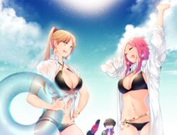  1boy 2girls ^_^ arm_up beach_umbrella bikini bikini_under_clothes black_bikini blonde_hair blurry bracelet breasts chibi cleavage closed_eyes cloud commentary_request criss-cross_halter day depth_of_field earrings food front-tie_top fruit genderswap_(mtf) hair_flaps halterneck hand_on_own_hip holding hoop_earrings innertube izumi_kouhei jewelry kunichika_yuu large_breasts laughing long_hair long_sleeves multi-strapped_bikini multiple_girls navel necklace o-ring o-ring_bikini open_clothes open_mouth open_shirt pepper_fever pink_hair ponytail puffy_short_sleeves puffy_sleeves rule_63 shirt short_sleeves sky swim_ring swimsuit tachikawa_kei thigh_gap thumbs_up tied_shirt transparent umbrella watermelon white_shirt world_trigger 