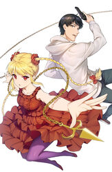  1boy brown_eyes chains darwin&#039;s_game dress female gun highres holding holding_gun holding_weapon hood hoodie key_visual long_sleeves looking_at_viewer official_art promotional_art purple_legwear red_dress red_eyes shoes shuka_(darwin&#039;s_game) sneakers sudou_kaname takahata_yuki weapon white_background 