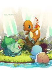  anniversary blue_eyes bright_pupils bulbasaur charmander closed_mouth commentary_request copyright_name fangs fire flame-tipped_tail grass kijimoto_yuuhi no_humans open_mouth outdoors pokemon pokemon_(creature) red_eyes smile squirtle starter_pokemon_trio water white_pupils 