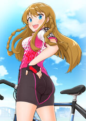  :d ass bicycle bike_jersey bike_shorts black_gloves black_shorts blue_eyes blue_sky braid breasts brown_hair cloud commentary_request cowboy_shot cycling_uniform day female fingerless_gloves from_below from_side gloves hand_on_own_hip highres idolmaster idolmaster_million_live! kousaka_umi light_blush long_hair looking_at_viewer looking_to_the_side medium_breasts open_mouth outdoors short_sleeves shorts sidelocks sky skyline smile solo standing takuji_yuusaku teeth twin_braids upper_teeth_only v-shaped_eyebrows 