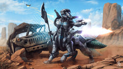  16:9 2019 2_tails 4k absurd_res ambiguous_gender armor battle blue_eyes canid canid_taur canine canine_taur cereus93 clothed clothing day detailed_background digital_media_(artwork) drone_(vehicle) etis fight force_field fox fox_taur furgonomics glaive gun headgear helmet hi_res holding_object holding_weapon laser machine mammal mammal_taur markings melee_weapon multi_tail outside polearm power_armor ranged_weapon science_fiction shootout shoulder_cannon solo standing tail taur turret wasteland weapon widescreen wrist_gun 