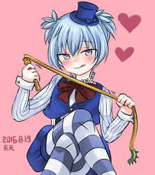  1boy ansatsu_kyoushitsu blue_eyes blue_hair blush bow bowtie commentary_request hat heart licking_lips long_sleeves looking_at_viewer male_focus otoko_no_ko pantyhose pink_background ribbon shiota_nagisa short_hair short_twintails simple_background smile solo striped_clothes striped_pantyhose tenten_(kitty) tongue tongue_out twintails whip 