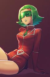  arm_support belt bryony_(pokemon) commentary_request female green-tinted_eyewear green_hair green_lips green_necktie leaning_back lipstick makeup momoji_(lobolobo2010) necktie orange_belt pokemon pokemon_xy short_hair sitting solo team_flare team_flare_uniform teeth tinted_eyewear visor 