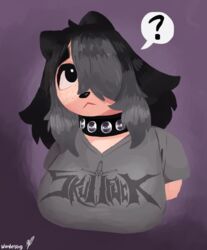  anise_(wonderslug) anthro band_merch band_shirt black_hair canid canine clothing collar female freckles gradient_background grey_highlights hair hair_over_eye hi_res highlights_(coloring) mammal mythological_canine mythological_creature mythology one_eye_obstructed purple_background shirt simple_background solo studded_collar studs t-shirt topwear v-neck v-neck_shirt were werecanid werecanine werewolf wide_eyed wonderslug 