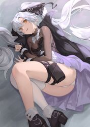  absurdres aug_para_(girls&#039;_frontline) black_cape black_footwear black_ribbon bodystocking breasts cape commentary dress female girls&#039;_frontline hair_ribbon high_heels highres long_hair looking_at_viewer lying medium_breasts on_side open_mouth orange_eyes panties pouch ribbon rui_(rei_leyi) single_thighhigh solo thigh_pouch thighhighs twintails underwear very_long_hair white_hair white_panties white_thighhighs wrist_cuffs 