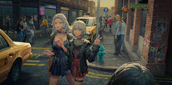  absurdres alternate_universe bag car casual cellphone choker contemporary distracted_boyfriend_(meme) dress fandaniel final_fantasy final_fantasy_xiv gaia_(ff14) graffiti grey_hair handbag highres meme motor_vehicle phone pleated_skirt poster_(object) road ryne_waters skirt smartphone spiked_choker spikes street taxi venat_(ff14) warrior_of_light_(ff14) yurayura zenos_yae_galvus 