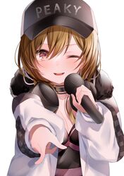  ;d baseball_cap black_hat blush breasts brown_eyes brown_hair cleavage clothes_writing collarbone commentary_request d4dj english_text female fur-trimmed_jacket fur_trim hair_between_eyes hat headphones headphones_around_neck highres holding holding_microphone jacket komomo_(ptkrx) long_hair long_sleeves looking_at_viewer microphone one_eye_closed open_clothes open_jacket outstretched_arm pointing pointing_at_viewer puffy_long_sleeves puffy_sleeves simple_background sleeves_past_wrists small_breasts smile solo teeth upper_body upper_teeth_only white_background white_jacket yamate_kyouko 