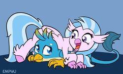  2018 5:3 avian beak blue_body blue_eyes blue_feathers blue_mane blue_tail digital_media_(artwork) duo empyu european_mythology feathers female fingers friendship_is_magic gallus_(mlp) greek_mythology gryphon happy hasbro hippogriff hooves long_tail male mane my_little_pony mythological_avian mythological_creature mythology open_mouth pink_beak pink_body pink_feathers purple_eyes signature silverstream_(mlp) smile tail wings yellow_beak 