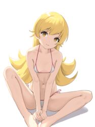  bare_arms bare_legs bare_shoulders barefoot bikini blonde_hair breasts closed_mouth commentary female hands_on_feet head_tilt highres legs light_smile long_hair looking_at_viewer micro_bikini monogatari_(series) navel oshino_shinobu revision shin_(shincrz) side-tie_bikini_bottom simple_background sitting small_breasts solo string_bikini swimsuit white_background white_bikini yellow_eyes 