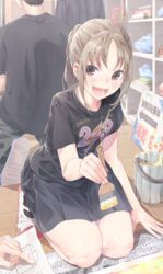  12_graka 1boy :d absurdres black_shirt black_skirt blush brown_hair bucket classroom commentary female highres holding holding_paintbrush indoors kneeling long_hair looking_at_viewer open_mouth original paintbrush parted_bangs ponytail shirt shoes skirt smile t-shirt uwabaki 